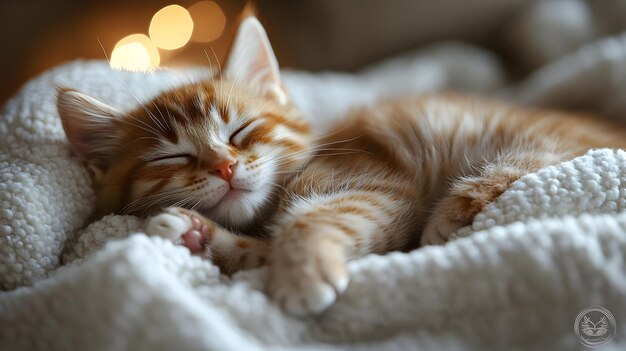 Photo cute orange tabby kitten sleeping on a white blanket photo