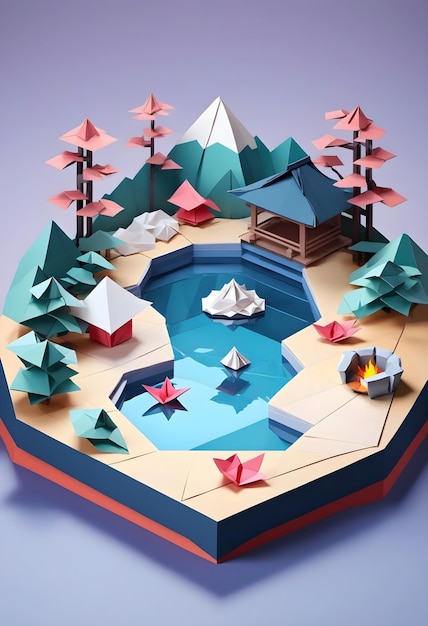 Cute origami japanese holidays retreat 3d isometric render in papercut style