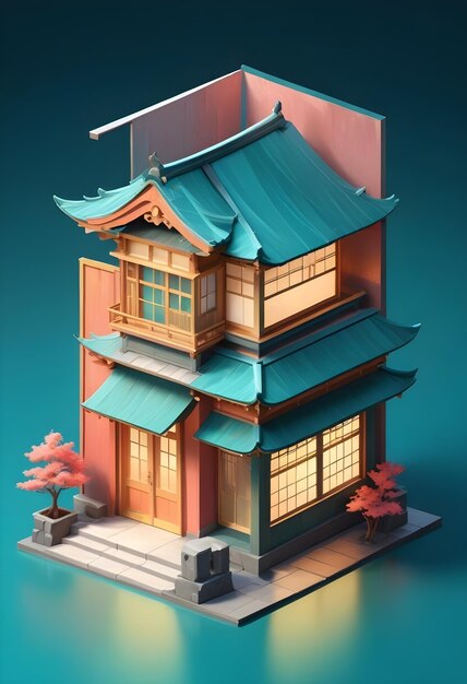 Cute origami old japanese house 3d isometric render in papercut style