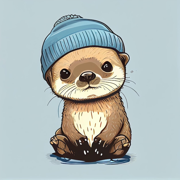 Cute otter comic wearing a beanie with sweater and hut