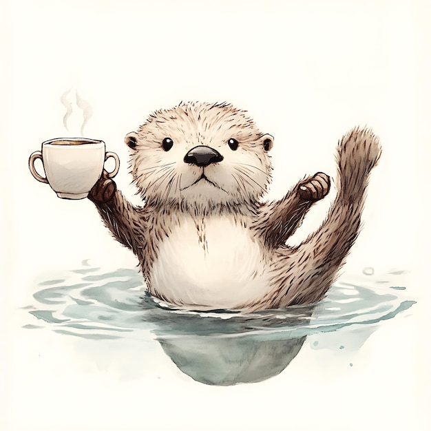 Cute Otter Holding a Cup of Coffee in Water