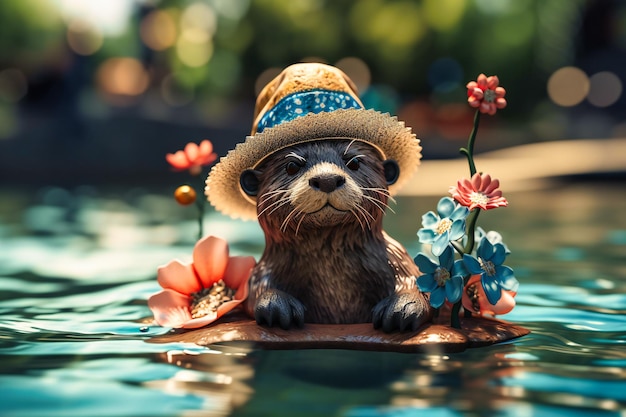 A cute otter wearing a flowery summer hat and sunglasses floating on its back in a river while holding a popsicle and looking adorable