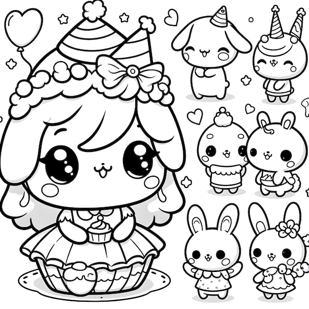 Cute Outline Character Drawing for Coloring Book