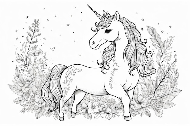 Photo cute outline doodle unicorn with hand drawn elements coloring pagevector illustration