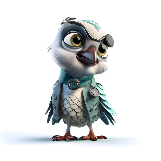 Cute owl in aviator costume with glasses 3d illustration