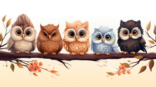 Cute owl birds set Funny owlets feathered animals sitting on tree branches and watching