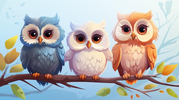 Cute owl birds set Funny owlets feathered animals sitting on tree branches and watching