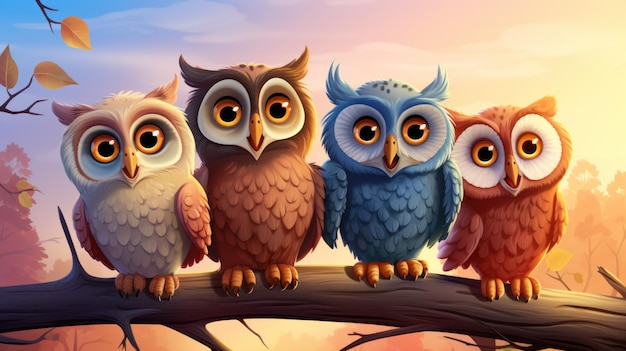 Cute owl birds set Funny owlets feathered animals sitting on tree branches and watching