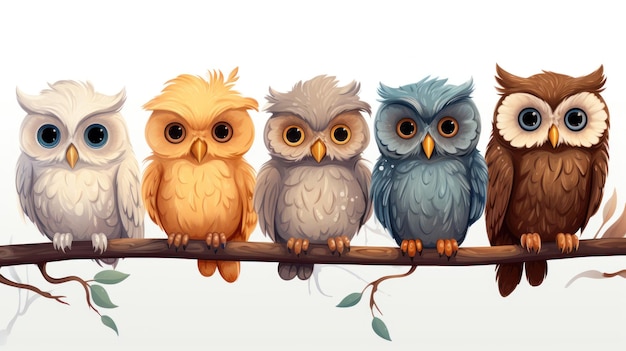 Cute owl birds set Funny owlets feathered animals sitting on tree branches and watching