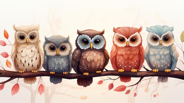 Cute owl birds set Funny owlets feathered animals sitting on tree branches and watching