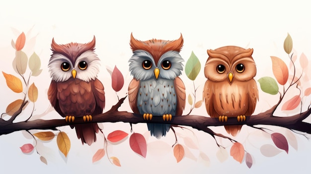 Cute owl birds set Funny owlets feathered animals sitting on tree branches and watching