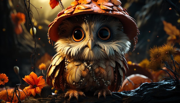 Cute owl in cap with necklace in the autumn forest