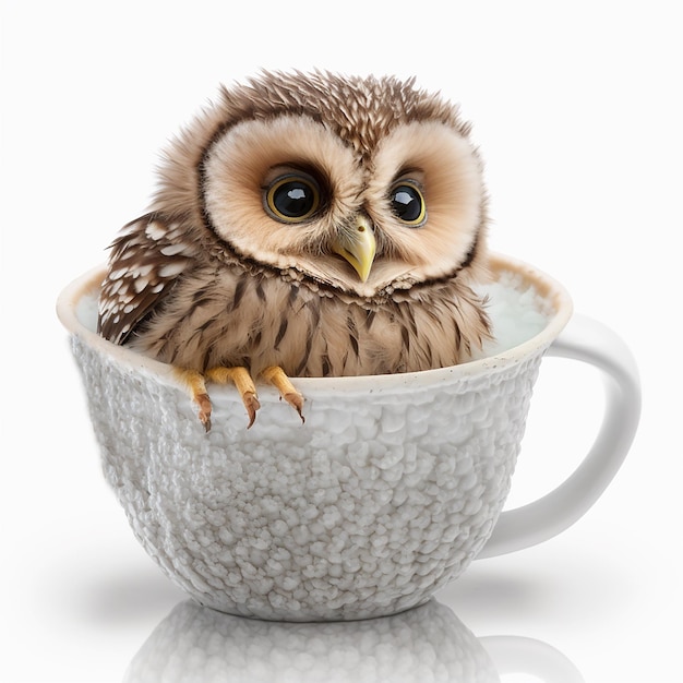 Cute owl chick with big eyes in a cup isolated on white closeup adorable animal