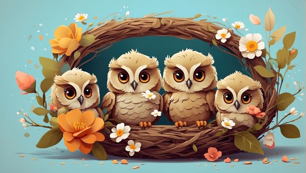 Cute owl family with chicks in a spring blooming nest of twigs and flowers on a white background Spring card spring time AI generated