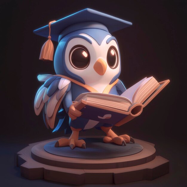 Photo cute owl figurine wearing graduation cap holding book