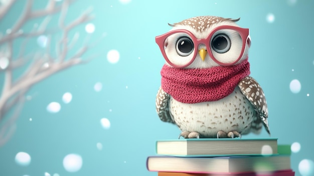 Photo cute owl in glasses and scarf perched on books whimsical winter scene