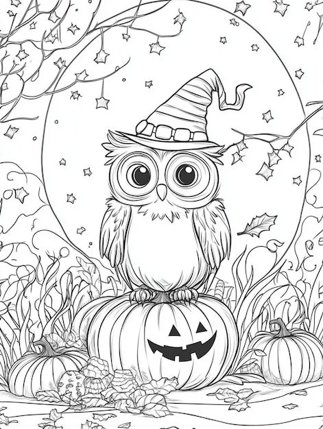 Photo cute owl halloween coloring page pumpkin patch witch hat