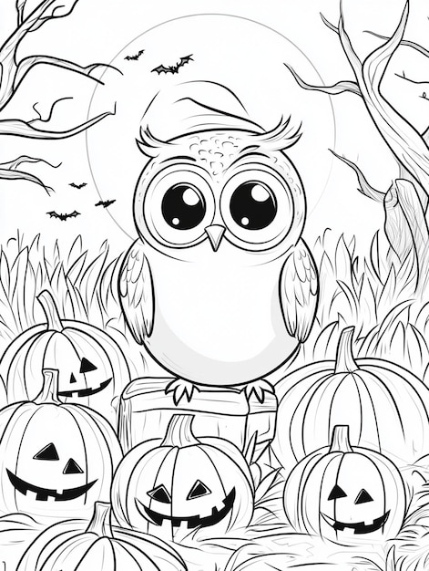 Photo cute owl halloween coloring page pumpkin patch witch hat