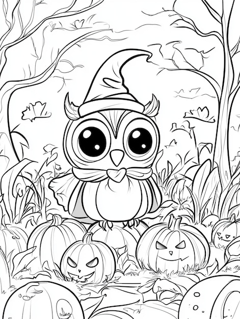 Photo cute owl halloween coloring page pumpkin patch witch hat