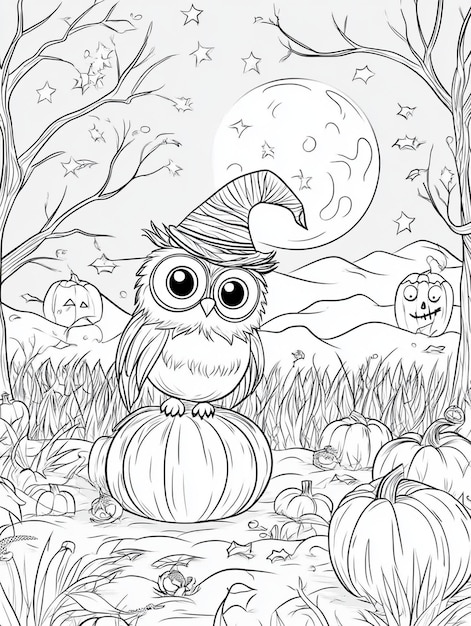 Photo cute owl halloween coloring page pumpkin patch witch hat