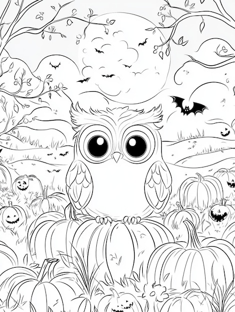 Photo cute owl halloween coloring page pumpkin patch witch hat