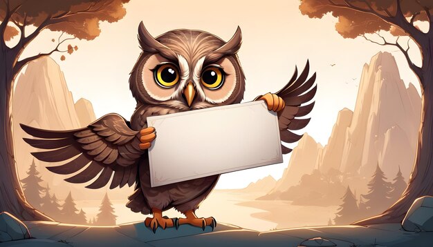 Photo a cute owl holding a empty banner firlmy by hands