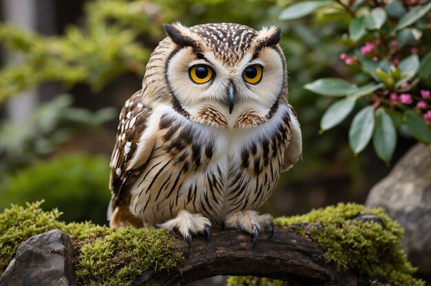 Cute owl in a Japanese garden