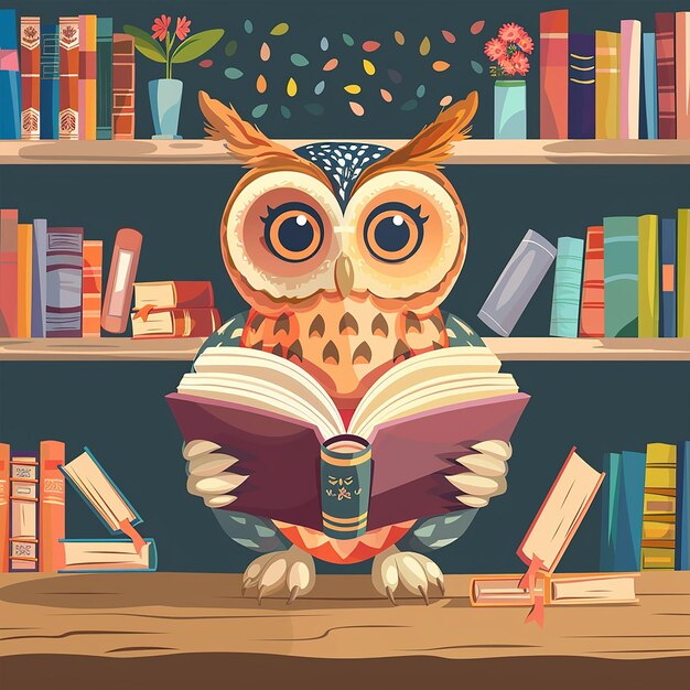 Photo cute owl librarian reading books cartoon vector