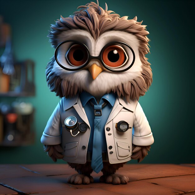 Photo cute owl in a military uniform 3d render toned