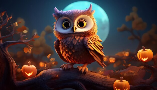 Photo a cute owl perches on a branch with glowing jack o lanterns