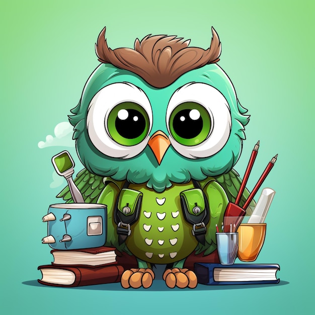 cute owl student cartoon character holding books