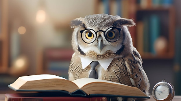 Cute owl teacher with pile of books Back to school concept AI generated image