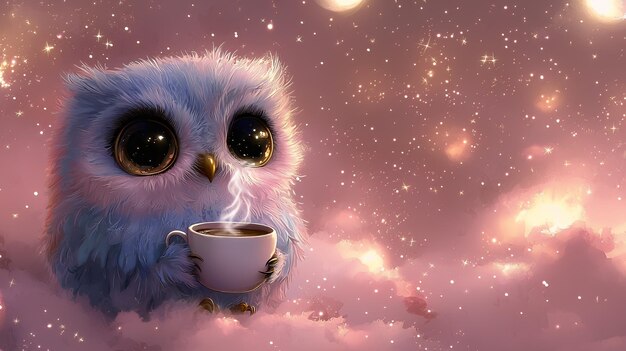 Cute Owl with Big Eyes Drinking Coffee in a Dreamy Sky