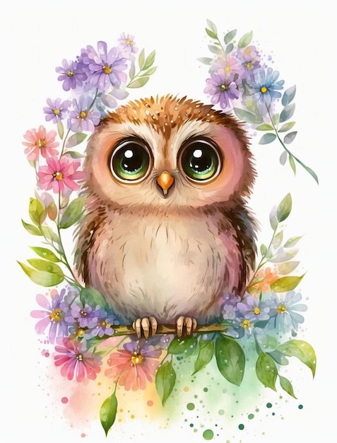 Cute owl with big eyes sitting on a branch with flowers.