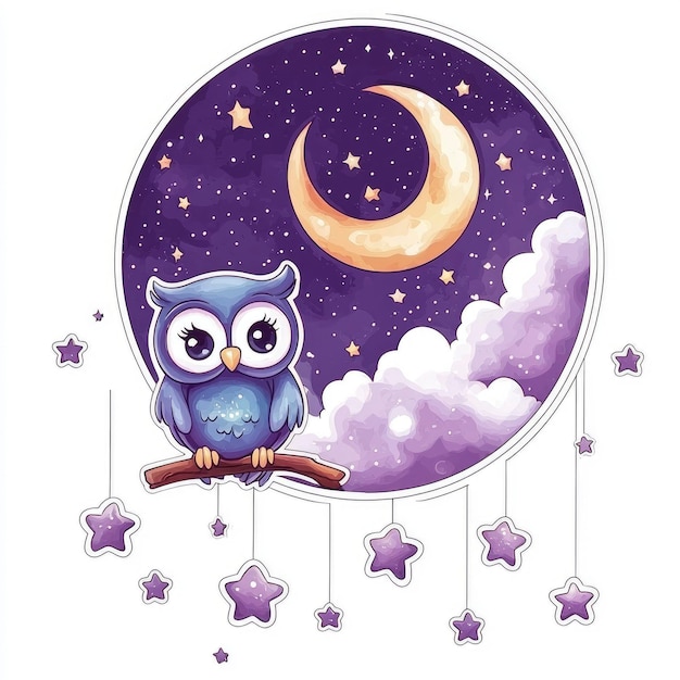 Cute Owl with Crescent Moon and Stars Night Sky Watercolor Illustration