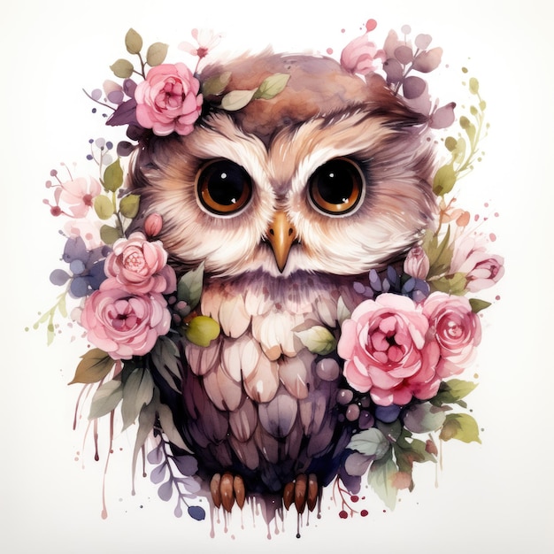 Cute owl with flowers watercolor illustration