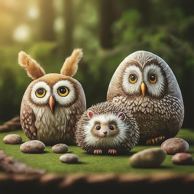 cute owls with baby and chicks in a tree forest