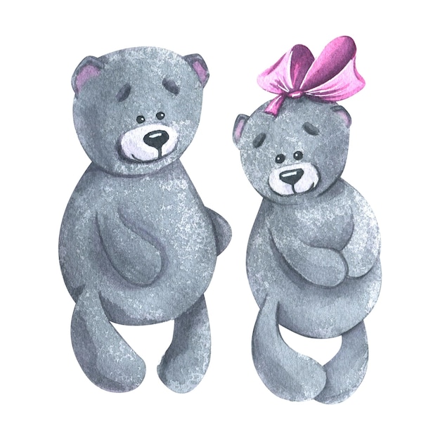 A cute pair of teddy bears a boy and a girl with a bow stuffed toys watercolor illustration isolated