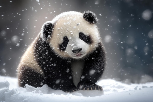 Cute Panda baby playing in snow winter Generative Ai