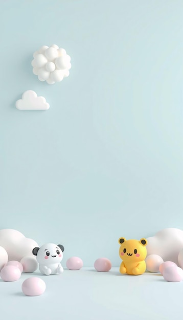 Cute panda and bear characters with clouds and pink and white spheres on a light blue background