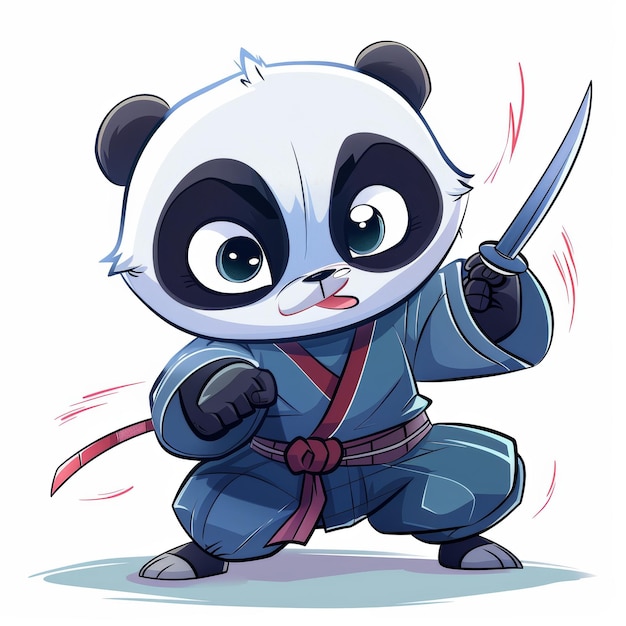 Photo a cute panda bear dressed in blue and red clothes is holding a sword in his right hand while his left hand is clenched into a fist he has a serious expression on his face and he is ready to fight