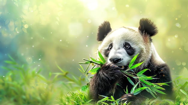 A cute panda bear eating bamboo in a lush green forest