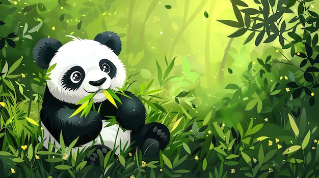 Cute panda bear eating bamboo in a lush green forest