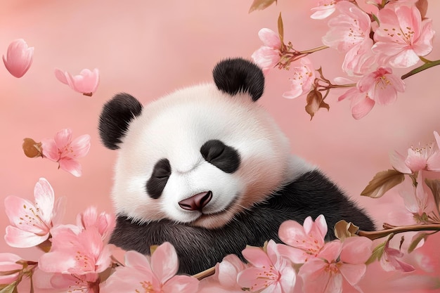 Photo a cute panda bear peacefully sleeps amongst a bed of delicate pink blossoms symbolizing the be