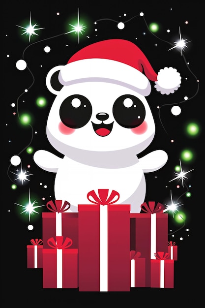 Photo cute panda bear wearing santa hat with christmas gifts