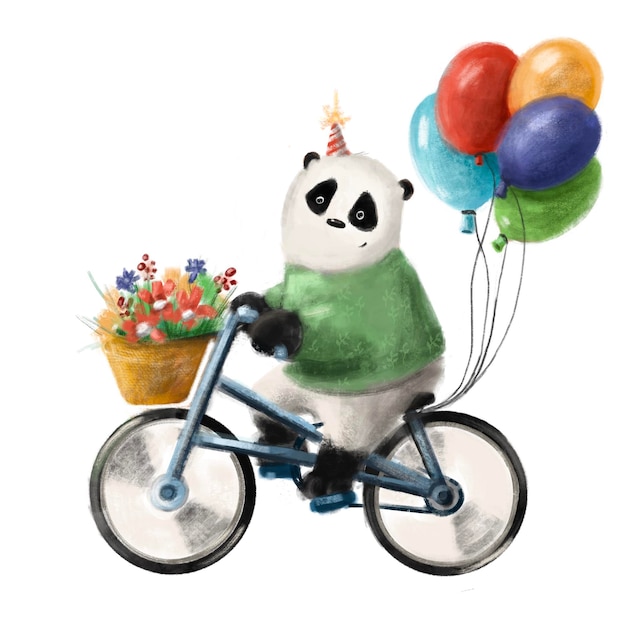 cute panda on the bicycle, happy birthday clipart, hand drawn children illustration