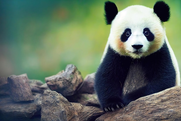 Cute panda cub climbed on rocks and watches against green background