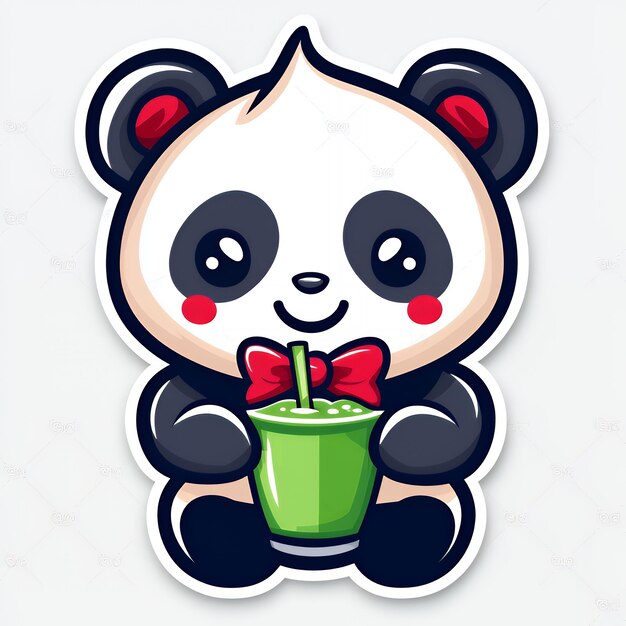 Photo cute panda drinking green smoothie with red bow tie