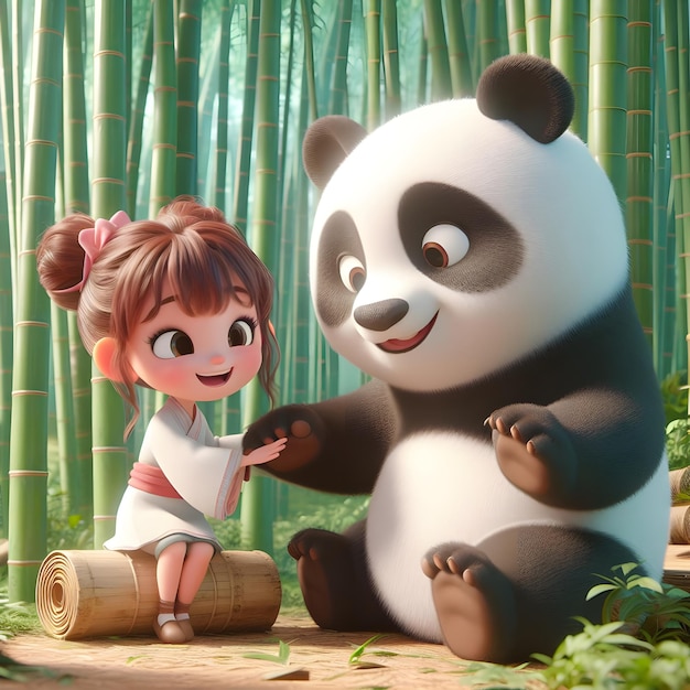 cute panda and girl playing together in the bamboo forest 3d animation