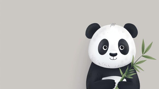 A cute panda holding a branch of bamboo against a light gray background